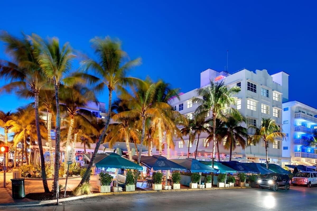 Clevelander Hotel exterior at night on Ocean Drive