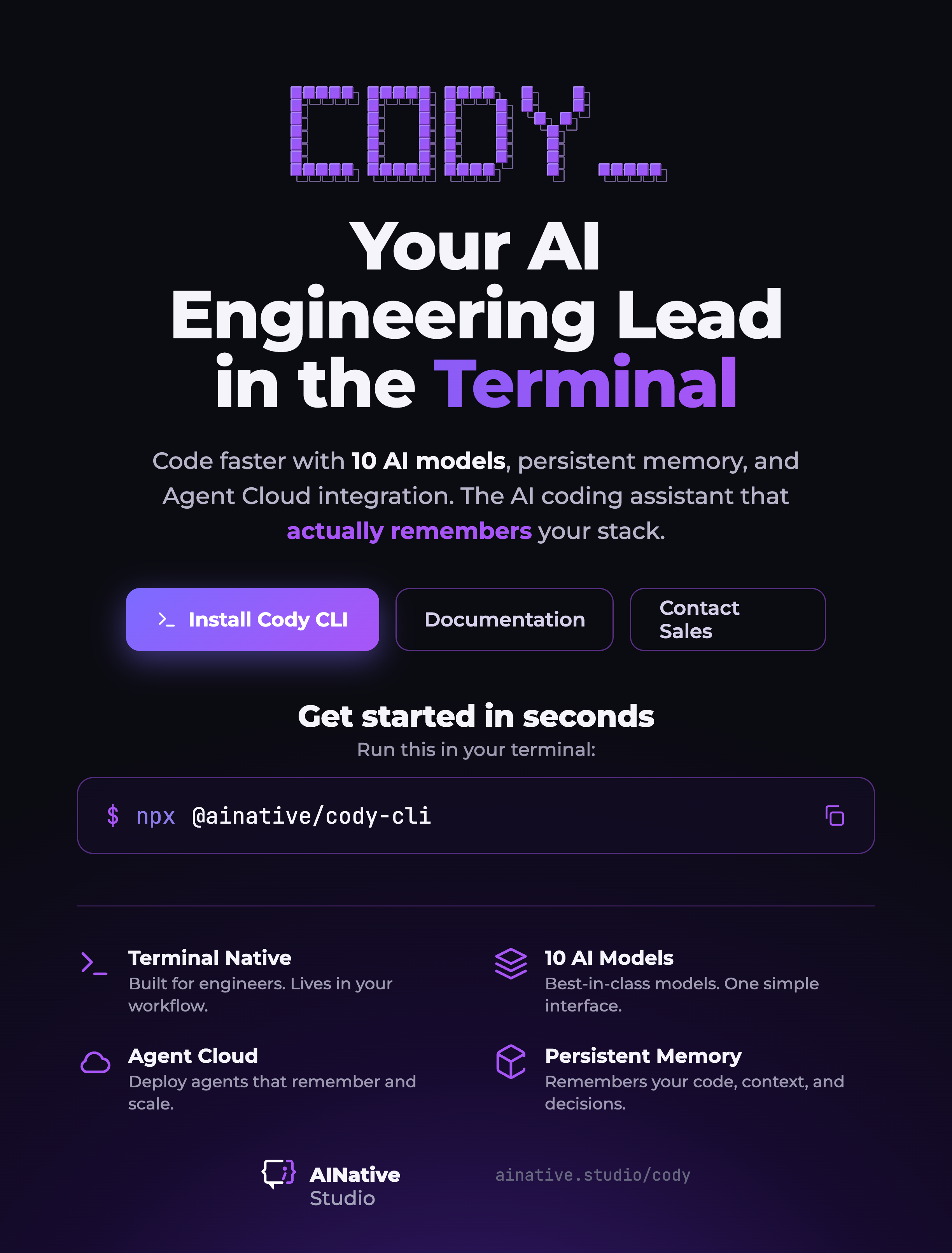 Cody CLI ad flyer — your AI engineering lead in the terminal, an AI code assistant