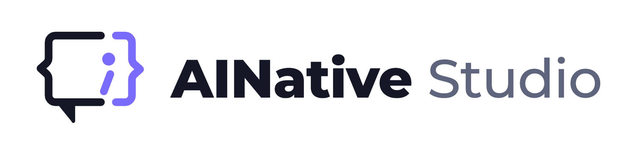 AINative Studio horizontal logo in primary colors — ink wordmark with violet brace-and-i chat mark