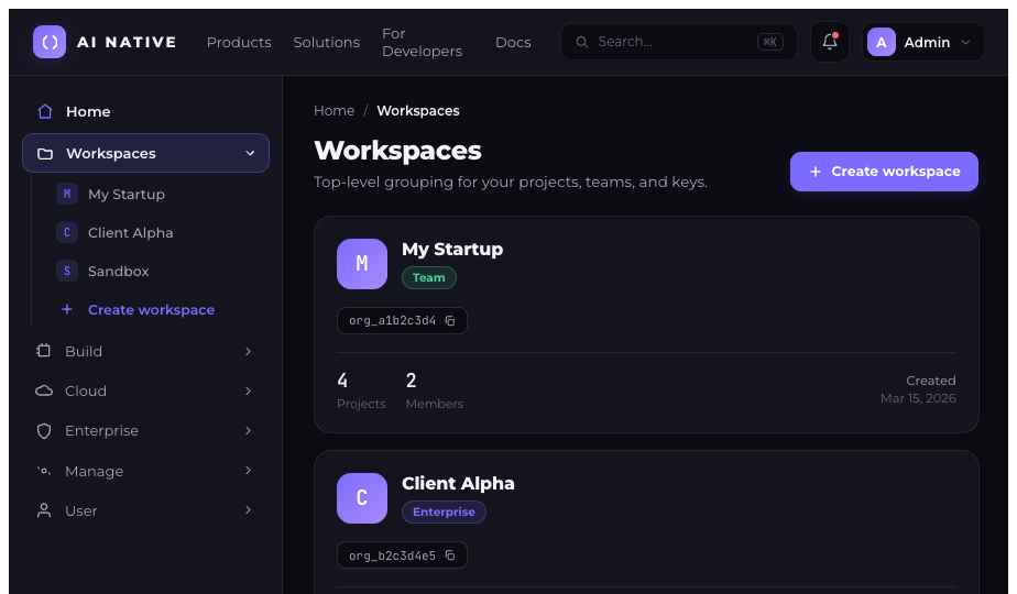 AINative Studio workspaces dashboard — top-level grouping for projects, teams, and keys