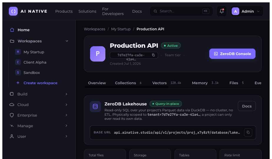 AINative Studio ZeroDB Lakehouse — query-in-place SQL over Parquet via DuckDB